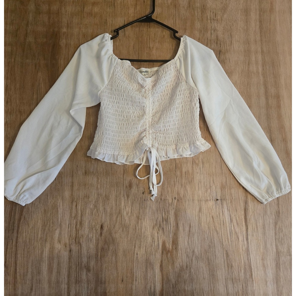 Camellia White Smocked Long Sleeve Crop Top Drawstring Ruffle Hem Small